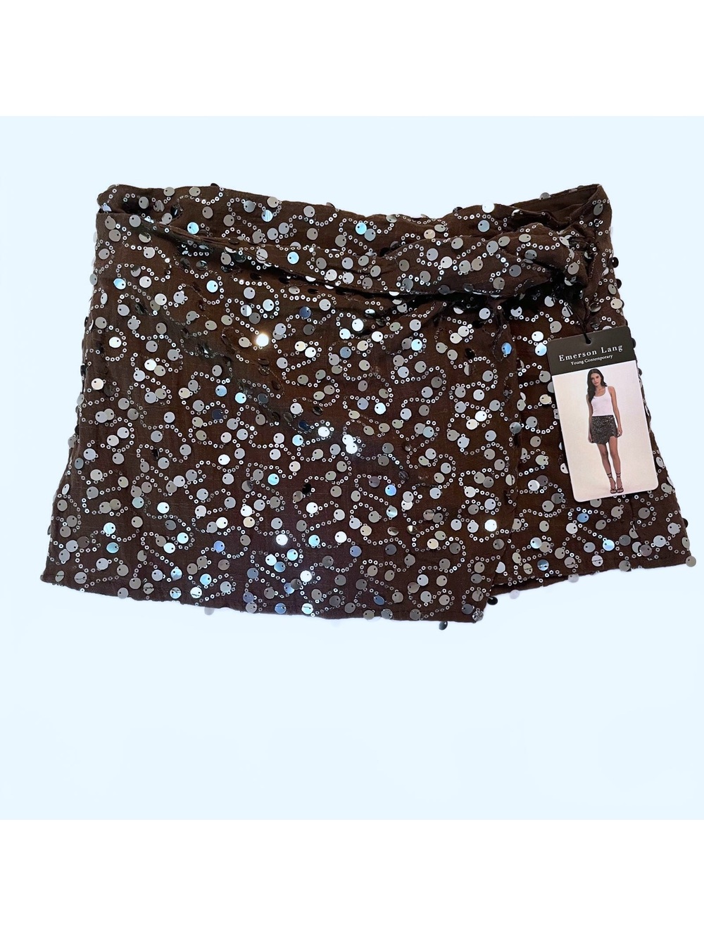 NWT Y2K Brown Sequin Beaded Wrap Mini Skirt / Skort